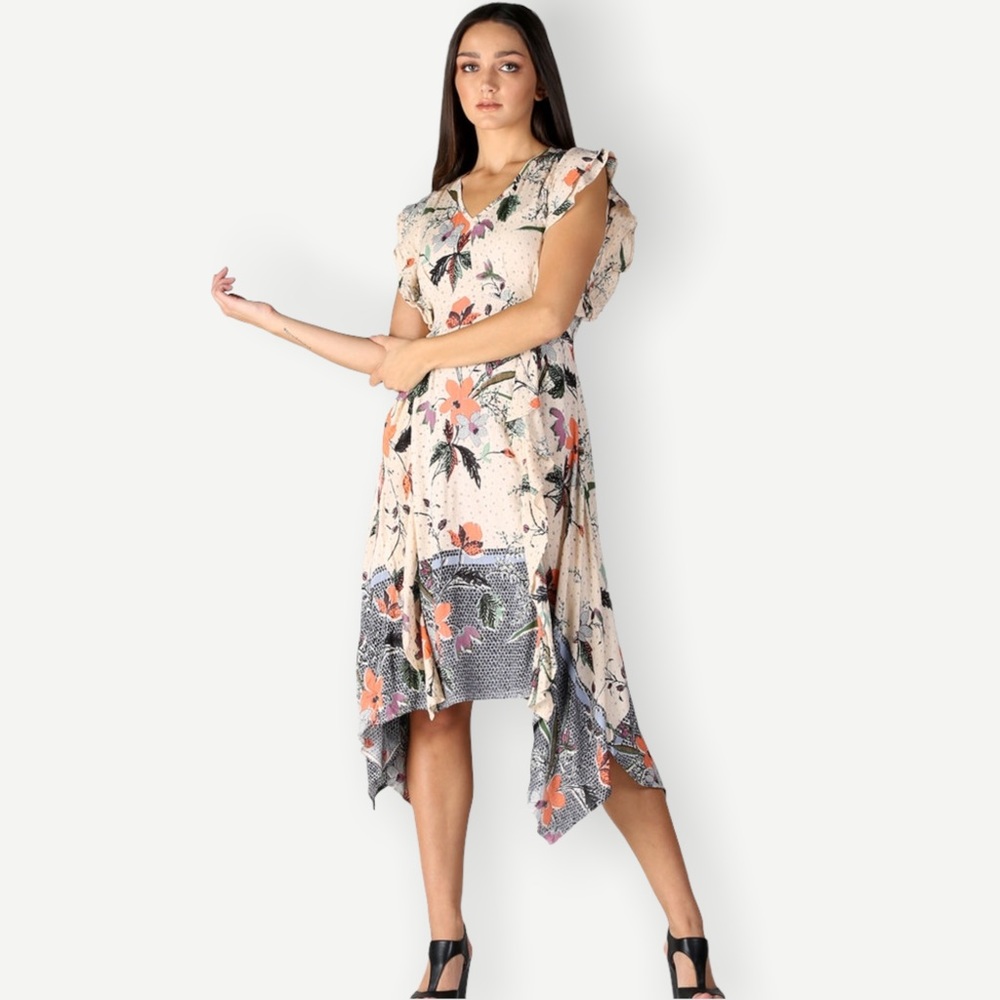 ANGIE V-Neck Flutter Sleeve Ruffle Scarf Hem Dress